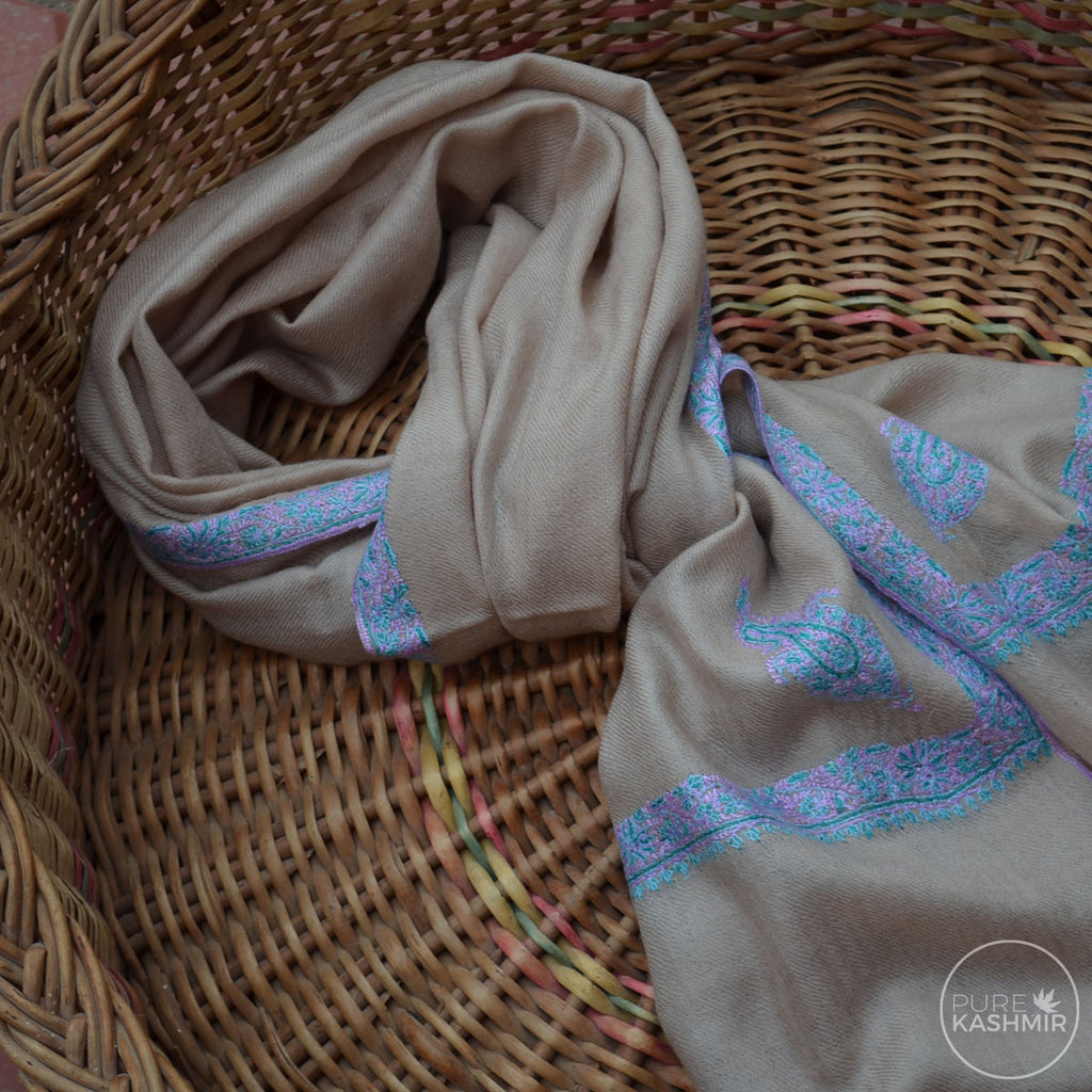 Un Dyed Natural Cashmere Scarf With Stunning Border Embroidery