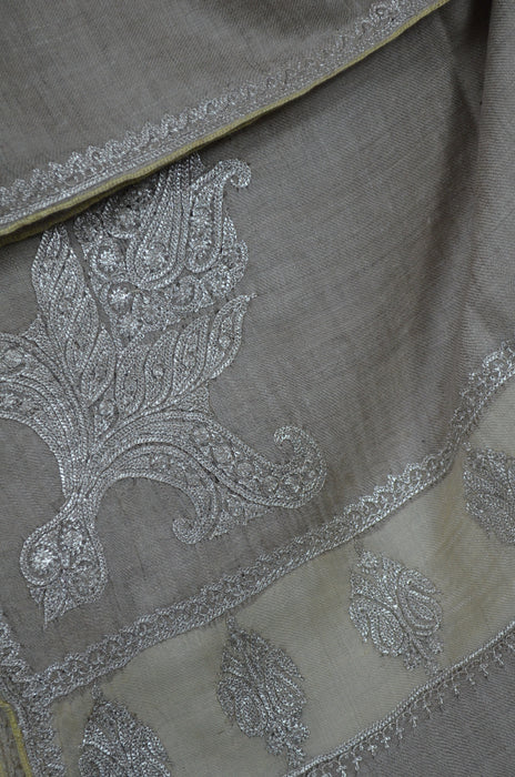 Un Dyed Taupe Tilla Border Embroidery Pashmina Shawl