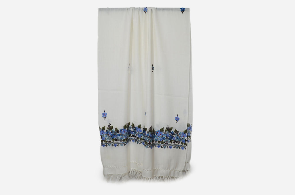 Ivory Merino Wool Aari Embroidered Big Border and Motif Scarf
