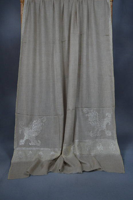Un Dyed Taupe Tilla Border Embroidery Pashmina Shawl