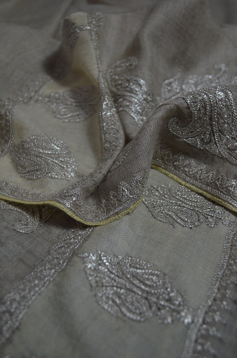 Un Dyed Taupe Tilla Border Embroidery Pashmina Shawl