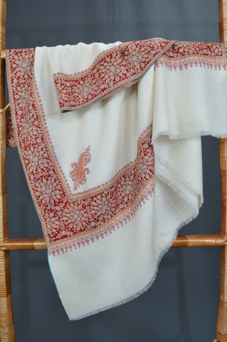 Ivory Big Border Kashmir Sozni Cashmere Pashmina Shawl