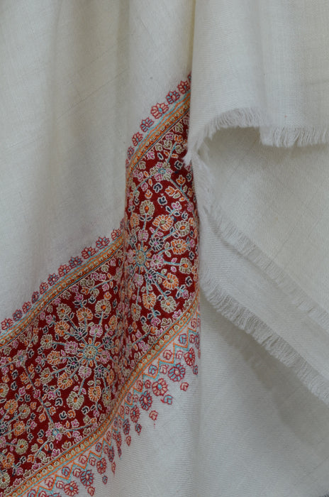 Ivory Big Border Kashmir Sozni Cashmere Pashmina Shawl