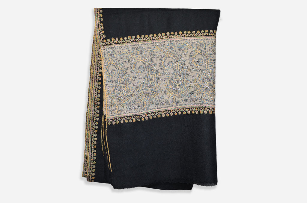 Black and Natural Cashmere Pashmina Stole with Beautiful Big Border