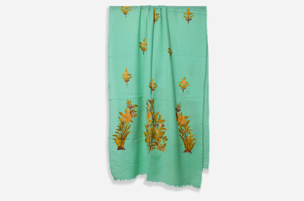 Mint Green Merino Wool Aari Work Scarf