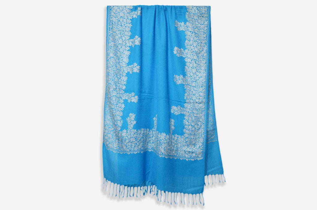 Blue Merino Wool Aari Work Scarf