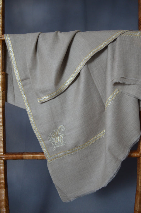 Un Dyed Taupe Tilla Embroidery Pashmina Shawl