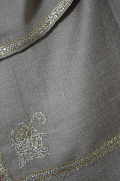 Un Dyed Taupe Tilla Embroidery Pashmina Shawl