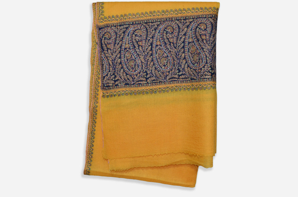 Yellow and Blue Cashmere Pashmina Stole with Amazing Big Border