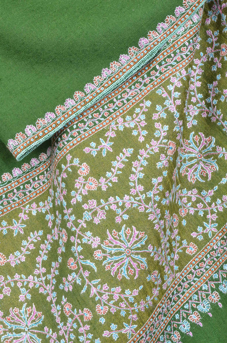 Bottle Green Big Border Embroidery Cashmere Pashmina Shawl