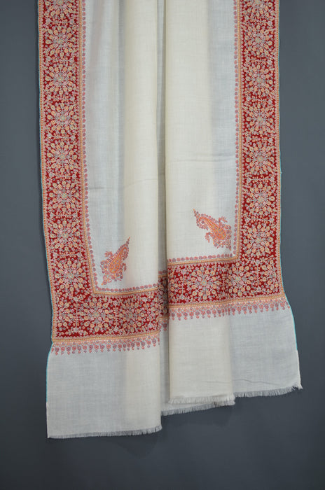 Ivory Big Border Kashmir Sozni Cashmere Pashmina Shawl