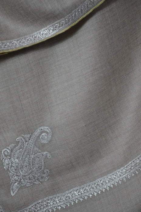 Un Dyed Taupe Tilla Embroidery Pashmina Shawl