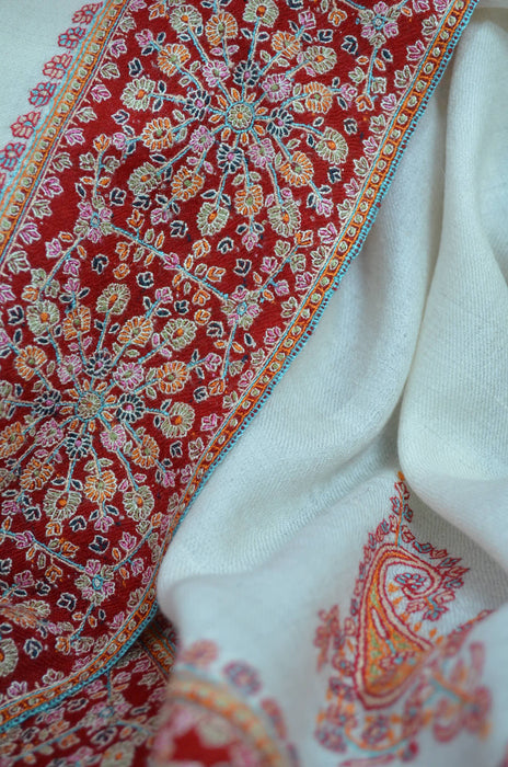 Ivory Big Border Kashmir Sozni Cashmere Pashmina Shawl
