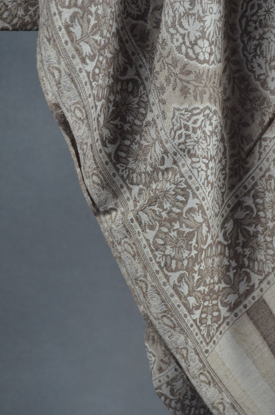 Cream Multicolor Jacquard Kani Pattern Merino Wool Scarf