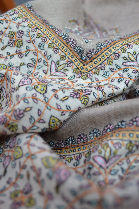 Natural Big Border Sozni Embroidery Pashmina Shawl