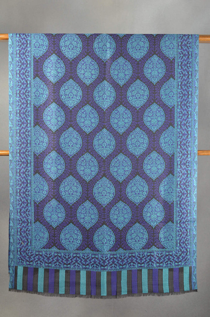 Blue Multicolor Jacquard Kani Pattern Merino Wool Scarf