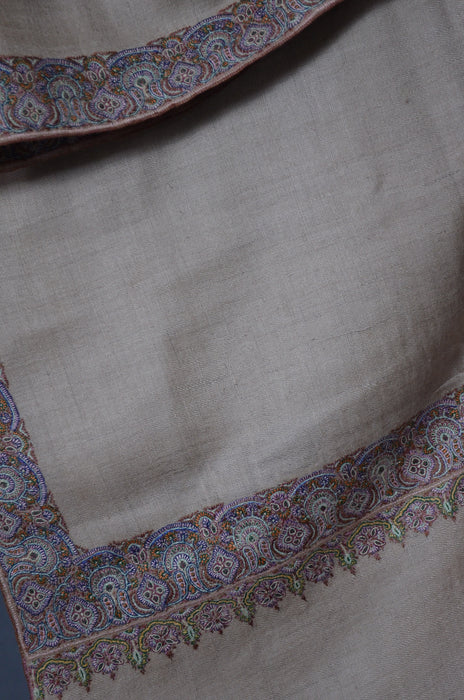 Un Dyed Natural Border Embroidery Cashmere Pashmina Shawl