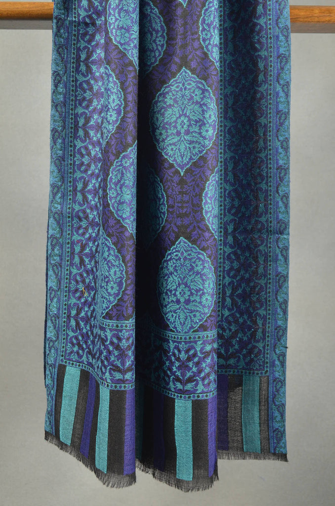 Blue Multicolor Jacquard Kani Pattern Merino Wool Scarf
