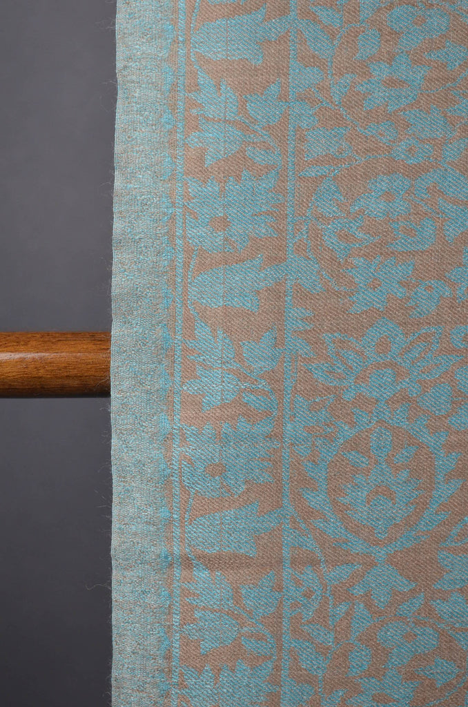 Beige Base Turquiose patterned Kani style merino scarf