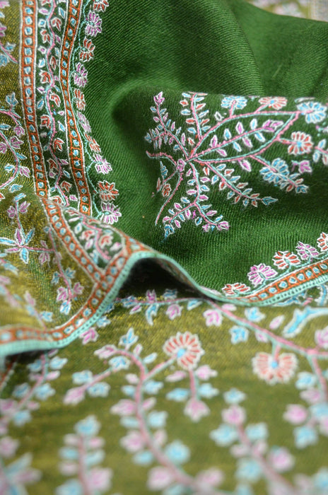 Bottle Green Big Border Embroidery Cashmere Pashmina Shawl