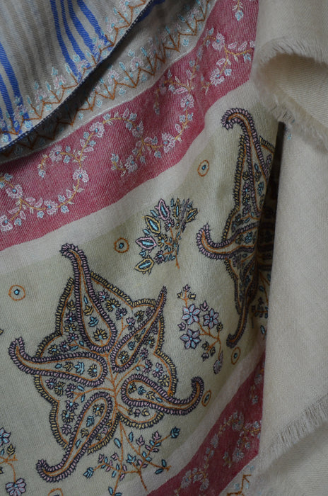 Blue & Natural Striped Border Embroidery Cashmere Pashmina Shawl