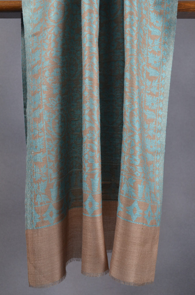 Beige Base Turquiose patterned Kani style merino scarf