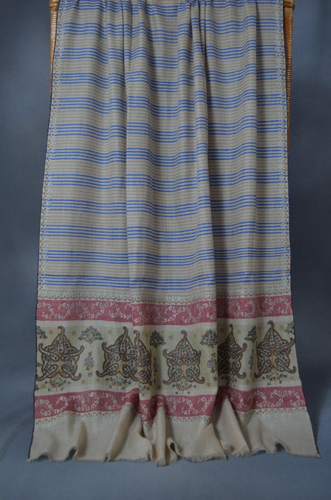 Blue & Natural Striped Border Embroidery Cashmere Pashmina Shawl