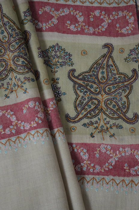 Blue & Natural Striped Border Embroidery Cashmere Pashmina Shawl