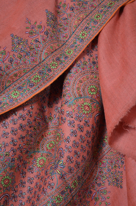 Fawn Big Border Embroidery Cashmere Pashmina Shawl