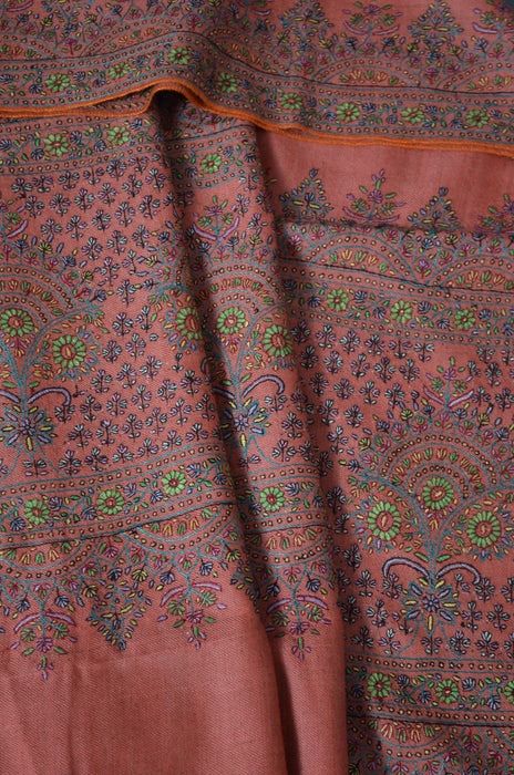 Fawn Big Border Embroidery Cashmere Pashmina Shawl