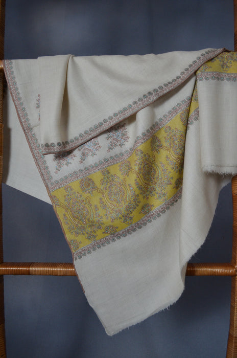 Ivory Big Border Embroidery Cashmere Pashmina Shawl