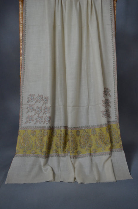 Ivory Big Border Embroidery Cashmere Pashmina Shawl