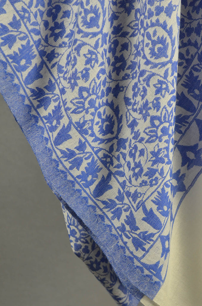 Ivory Base Blue patterned Kani style merino scarf