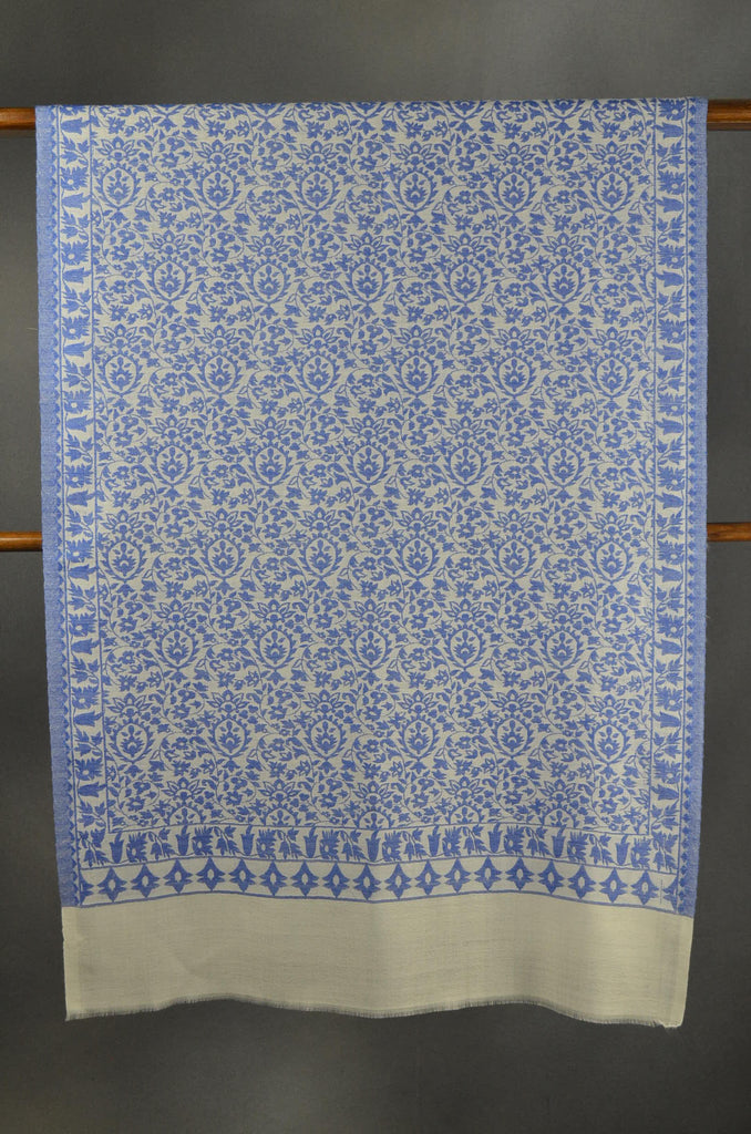 Ivory Base Blue patterned Kani style merino scarf