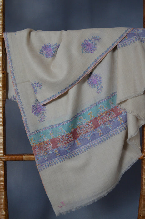 Un Dyed Natural Butti-Dar & Border Embroidery Cashmere Pashmina Shawl