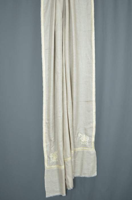 Un Dyed Taupe Tilla Border Embroidery Pashmina Shawl