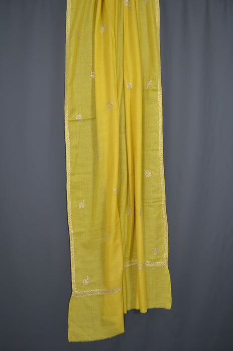 Yellow Tilla Border Embroidery Pashmina Shawl with Beautiful Motifs