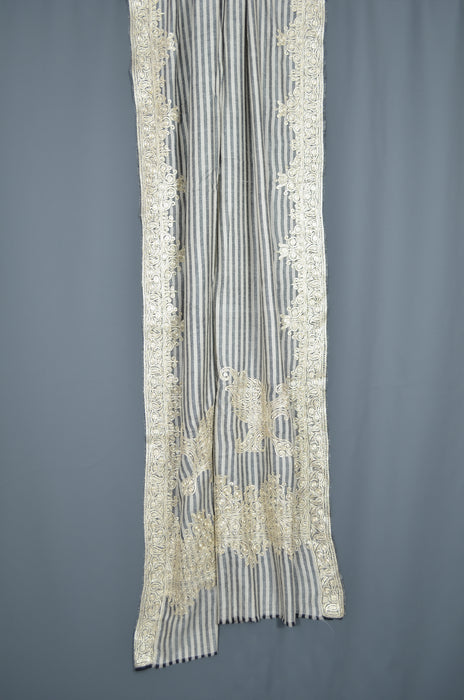 Black & White Striped Tilla Embroidery Pashmina Shawl