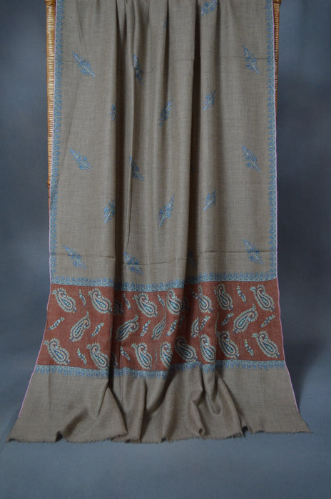 Natural Butti-Dar & Border Embroidery Cashmere Pashmina Shawl
