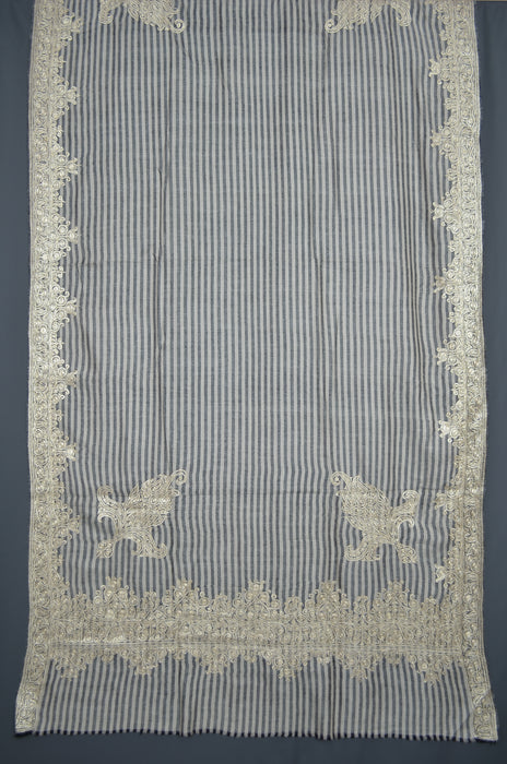Black & White Striped Tilla Embroidery Pashmina Shawl