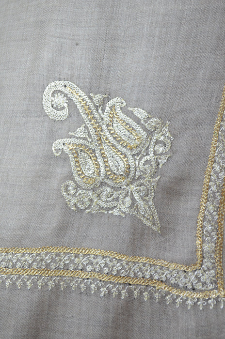 Un Dyed Taupe Tilla Border Embroidery Pashmina Shawl