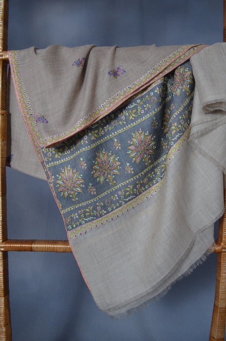 Natural Butti-Dar & Border Embroidery Cashmere Pashmina Shawl