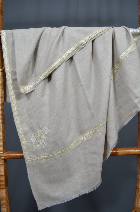 Un Dyed Taupe Tilla Border Embroidery Pashmina Shawl