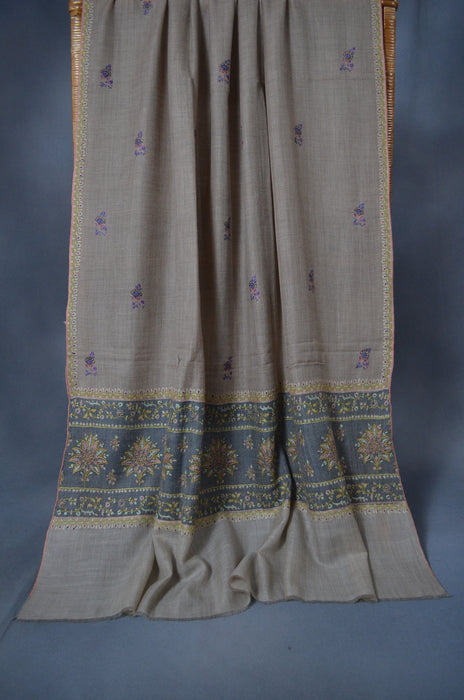 Natural Butti-Dar & Border Embroidery Cashmere Pashmina Shawl