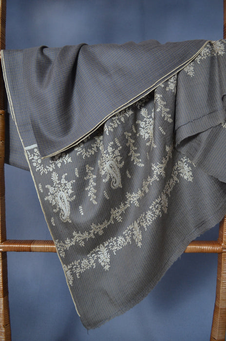 Natural & Blue Check Big Border Embroidery Cashmere Pashmina Shawl