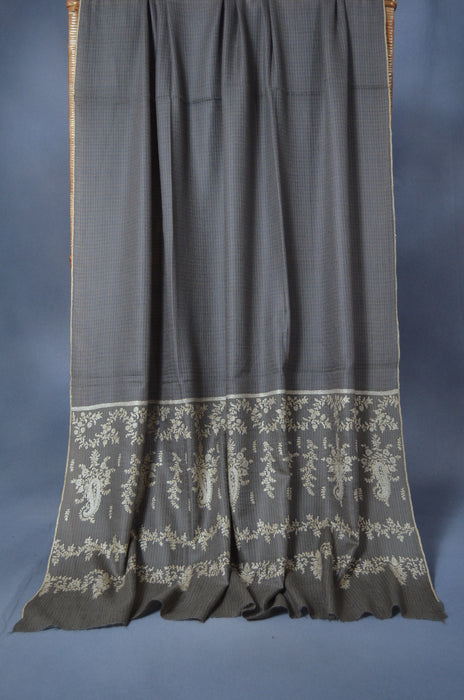 Natural & Blue Check Big Border Embroidery Cashmere Pashmina Shawl