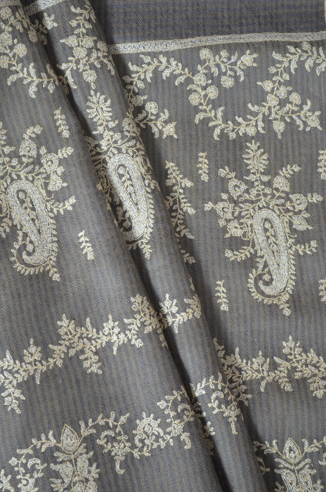 Natural & Blue Check Big Border Embroidery Cashmere Pashmina Shawl