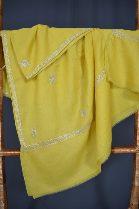 Yellow Tilla Border Embroidery Pashmina Shawl with Beautiful Motifs