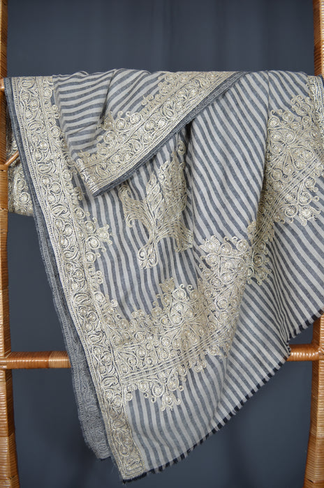 Black & White Striped Tilla Embroidery Pashmina Shawl