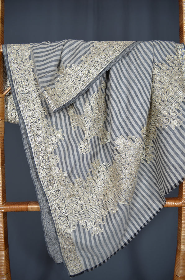 Black & White Striped Tilla Embroidery Pashmina Shawl
